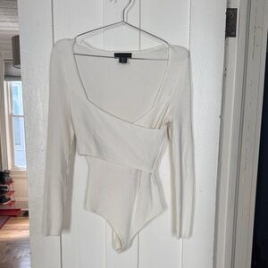 Ivory Ribbed Wrap Long-Sleeve Bodysuit